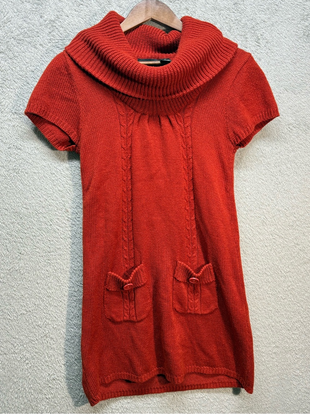 Chesley Burnt Orange Cowl Neck Short Sleeve Cable Knit Sweater Dress L